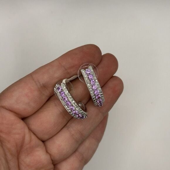 KARIS Platinum Bonded Purple Topaz Oval Hoop Earrings Sparkle Glitz Party Event - Picture 1 of 6